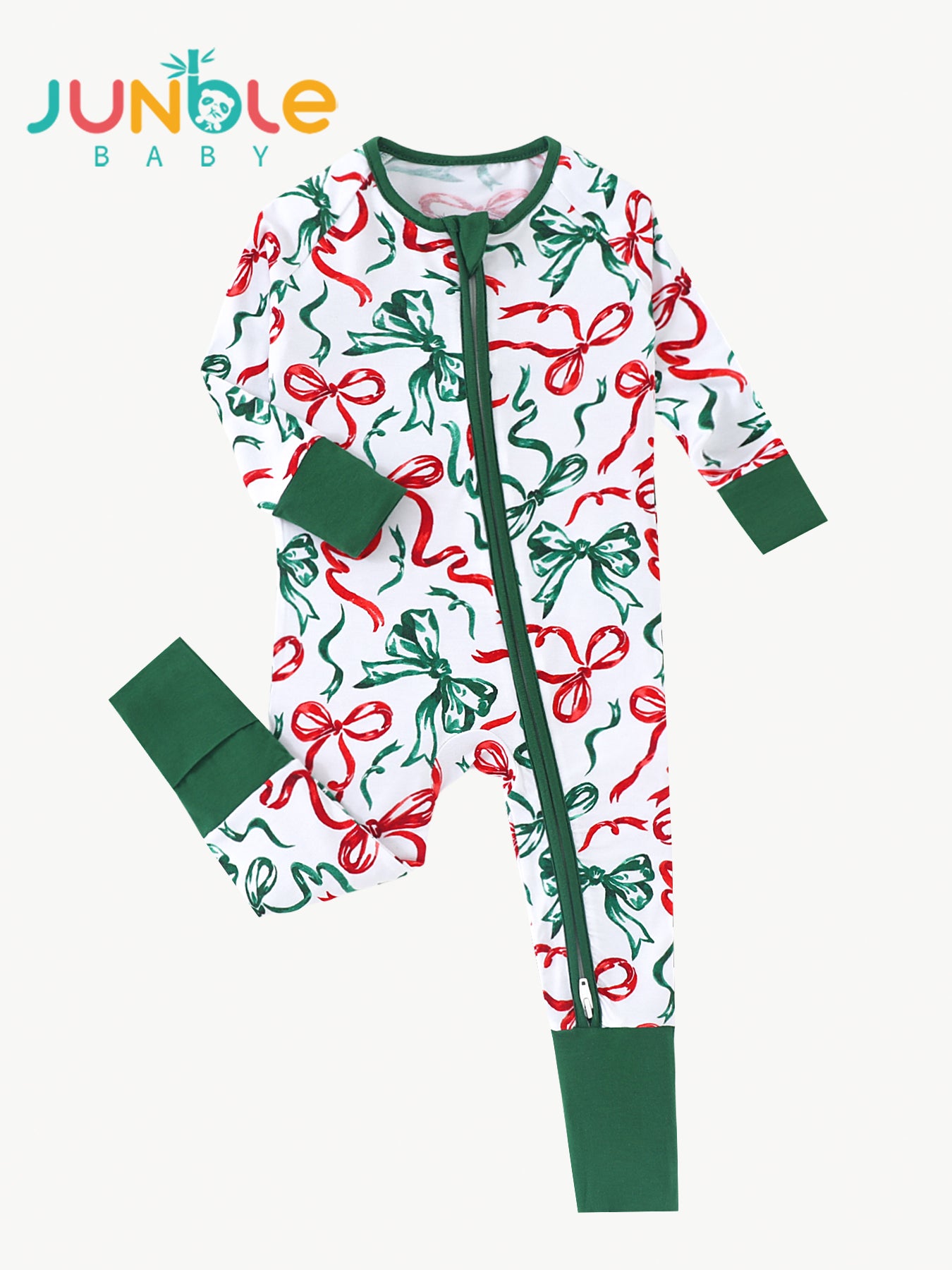 JUNBLEBABY-Christmas Red& Green Bow Baby Bamboo Convertible Zipper Romper Pajamas