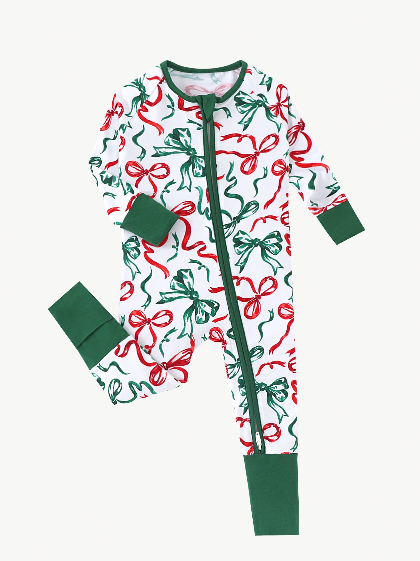 JUNBLEBABY-Christmas Red& Green Bow Baby Bamboo Convertible Zipper Romper Pajamas