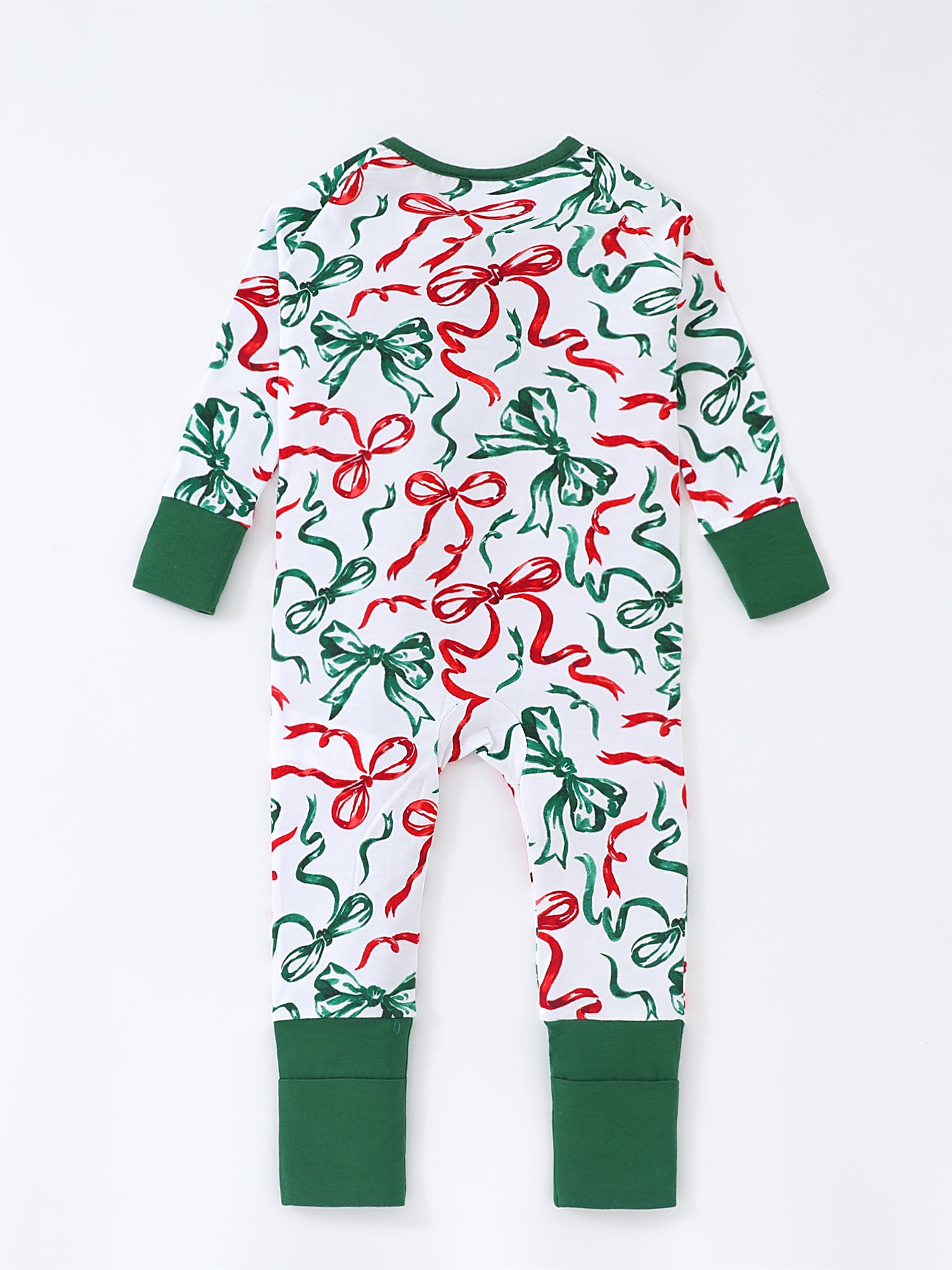 JUNBLEBABY-Christmas Red& Green Bow Baby Bamboo Convertible Zipper Romper Pajamas