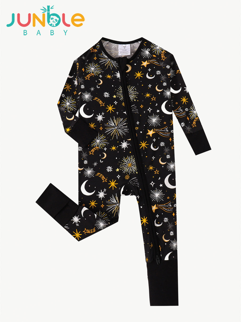 JUNBLEBABY-New Years Moon Star Fireworks Baby Bamboo Convertible Zipper Romper Pajamas