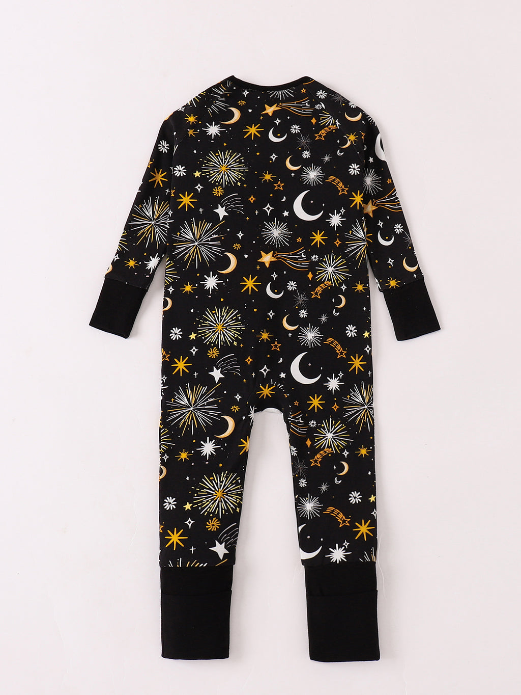 JUNBLEBABY-New Years Moon Star Fireworks Baby Bamboo Convertible Zipper Romper Pajamas