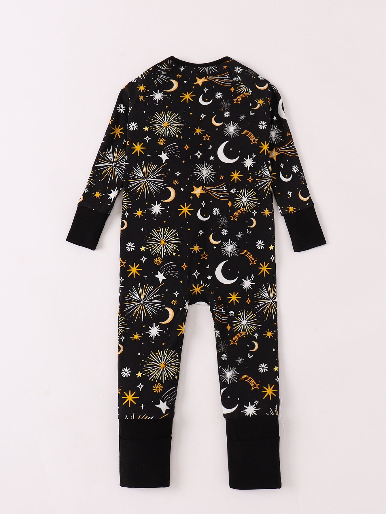 JUNBLEBABY-New Years Moon Star Fireworks Baby Bamboo Convertible Zipper Romper Pajamas