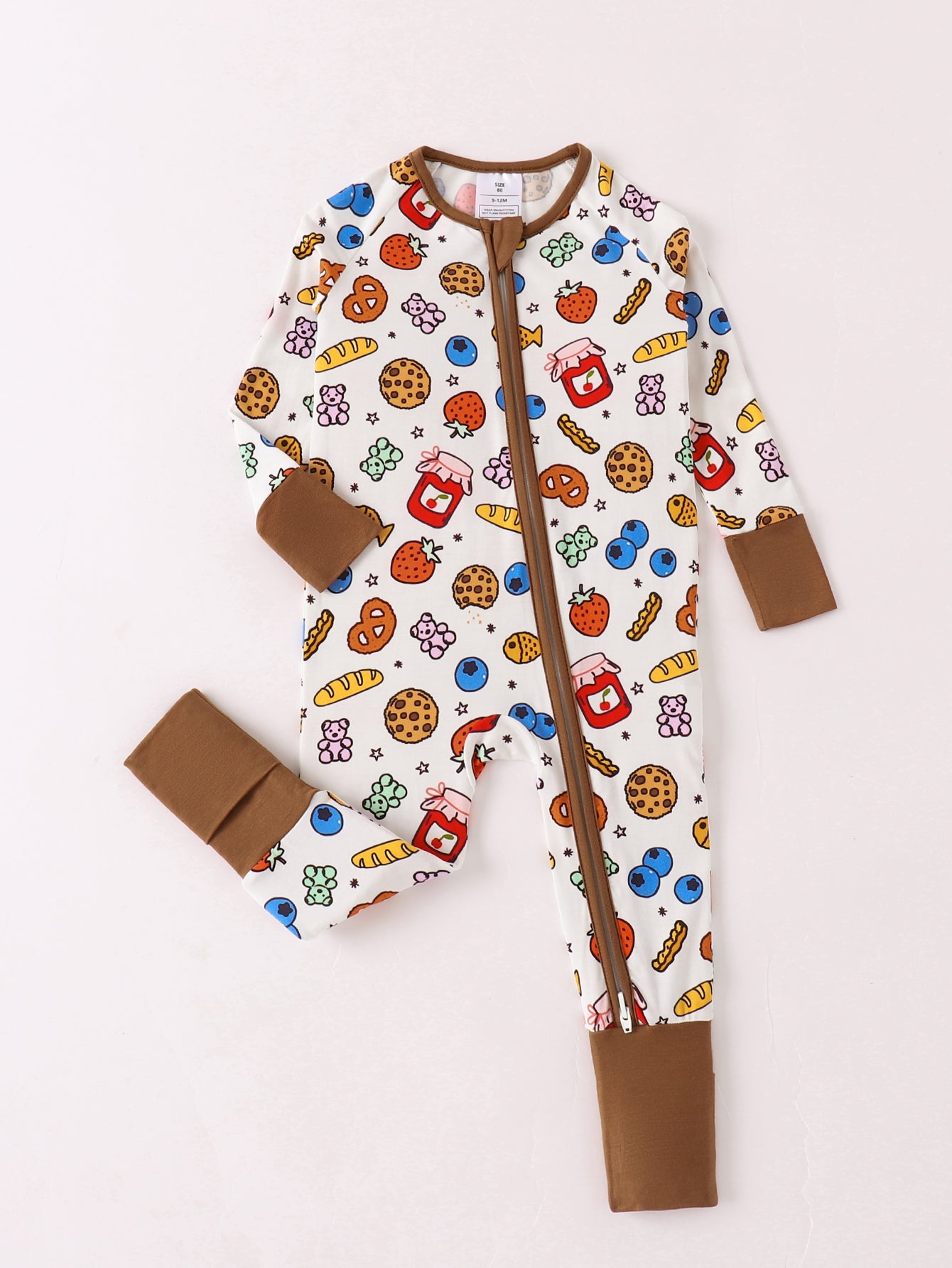 JUNBLEBABY-Cookies Fruit Bread Jam Baby Bamboo Convertible Zipper Romper Pajamas