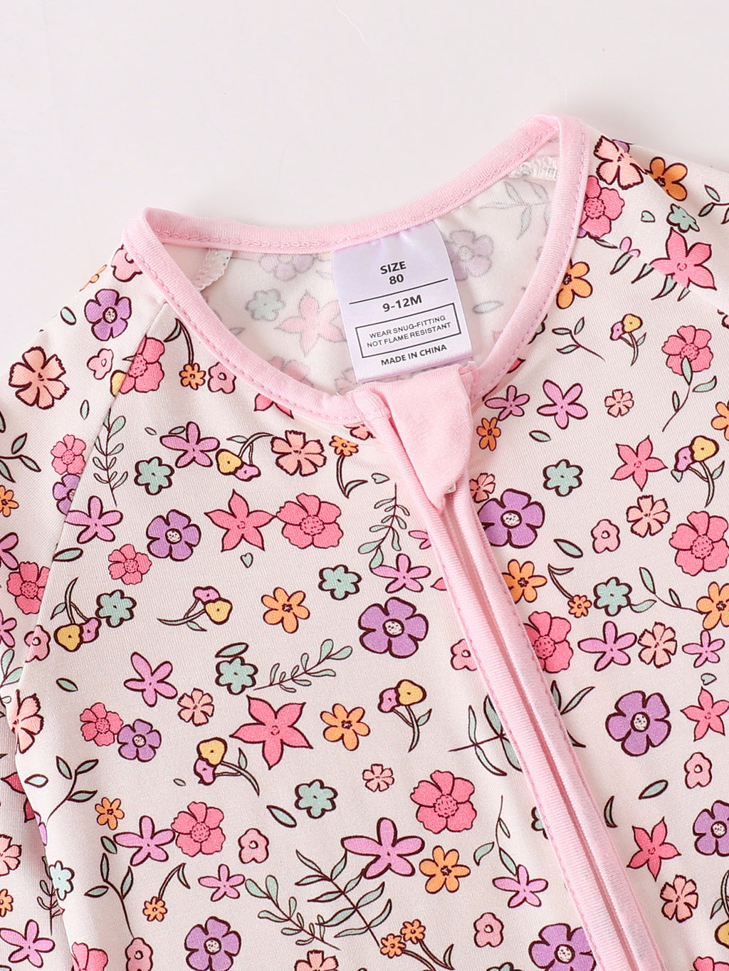 JUNBLEBABY-Spring Small Pinkflowers Baby Bamboo Convertible Zipper Romper Pajamas