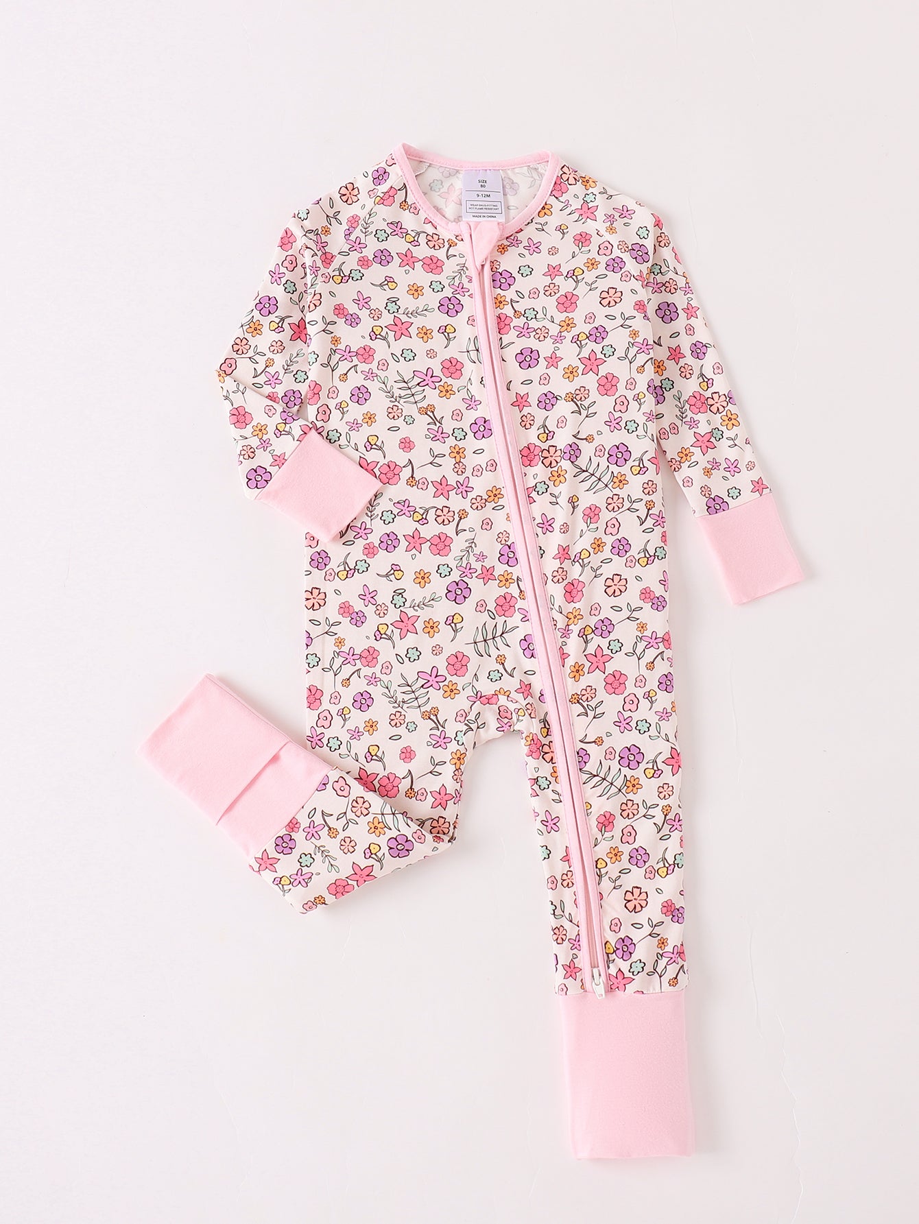 JUNBLEBABY-Spring Small Pinkflowers Baby Bamboo Convertible Zipper Romper Pajamas