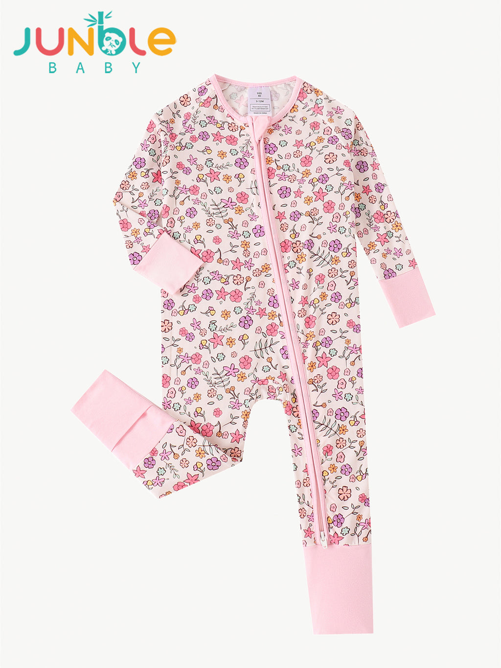 JUNBLEBABY-Spring Small Pinkflowers Baby Bamboo Convertible Zipper Romper Pajamas