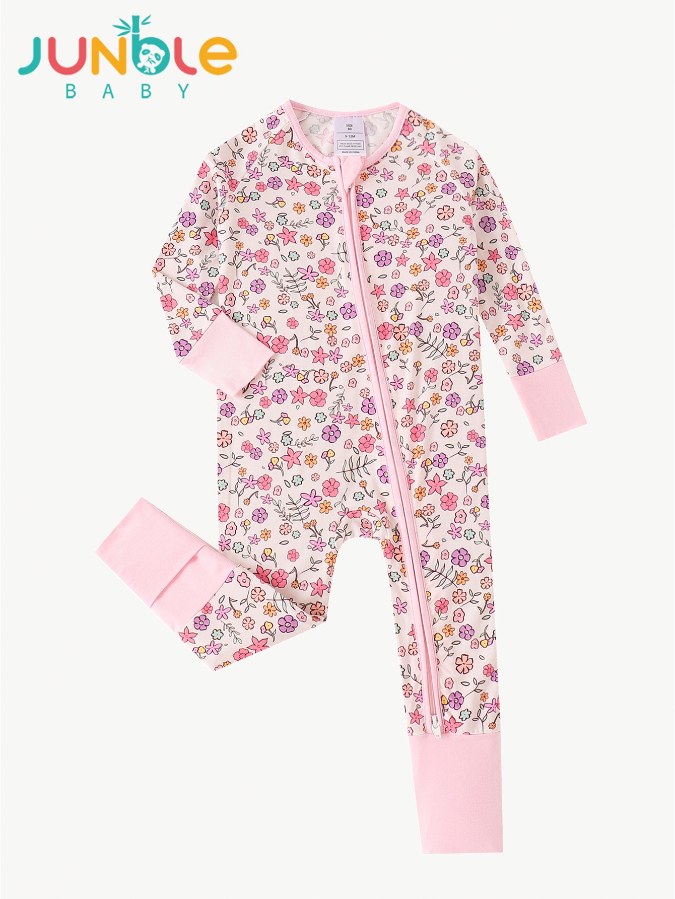 JUNBLEBABY-Spring Small Pinkflowers Baby Bamboo Convertible Zipper Romper Pajamas