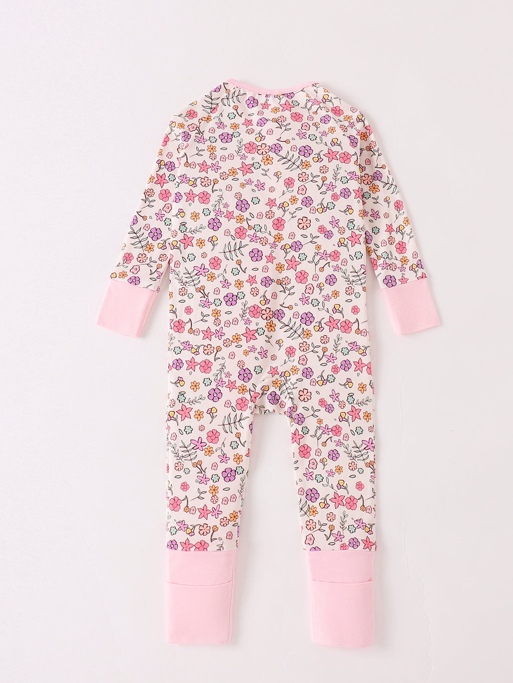 JUNBLEBABY-Spring Small Pinkflowers Baby Bamboo Convertible Zipper Romper Pajamas