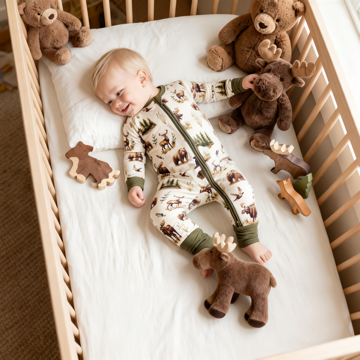 JUNBLEBABY-Woodland Animal Print, Bear Moose Deer Baby Bamboo Convertible Footie Cover Zipper Romper Pajamas