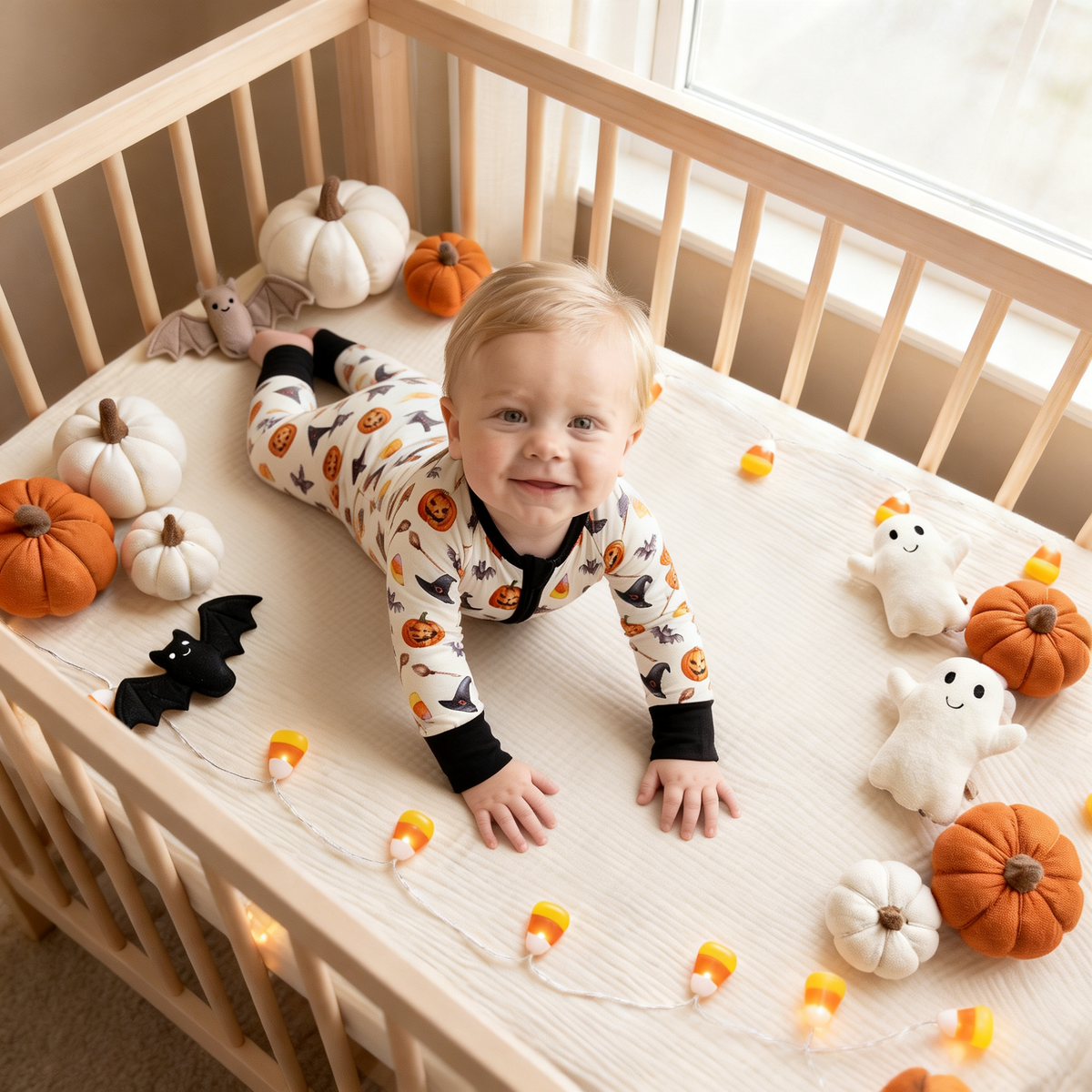 JUNBLEBABY-Jack-O'-Lantern Candy Corn, Baby Bamboo Convertible Footie Cover Zipper Romper Pajamas